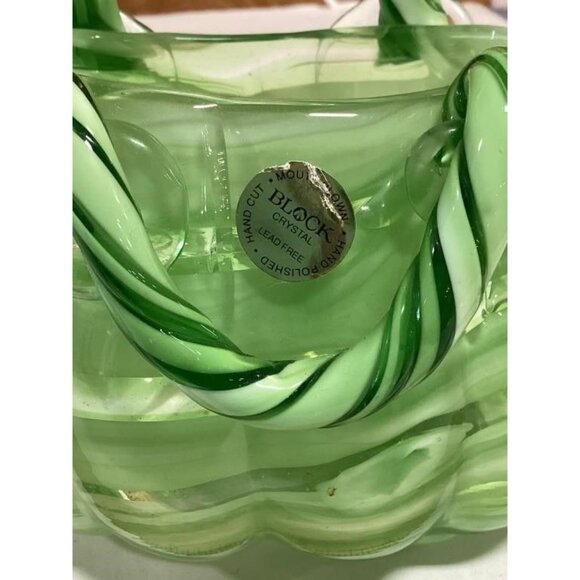 Block Crystal Art Glass Purse Vase Green & Cream Striped Design - Picture 2 of 5
